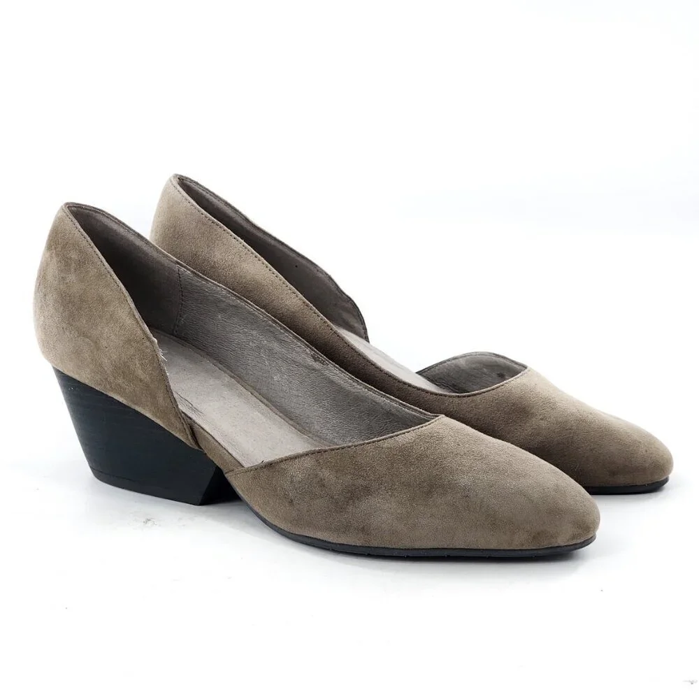 EILEEN FISHER Lily Gray Suede Half D'Orsay Wedge Heel Pump